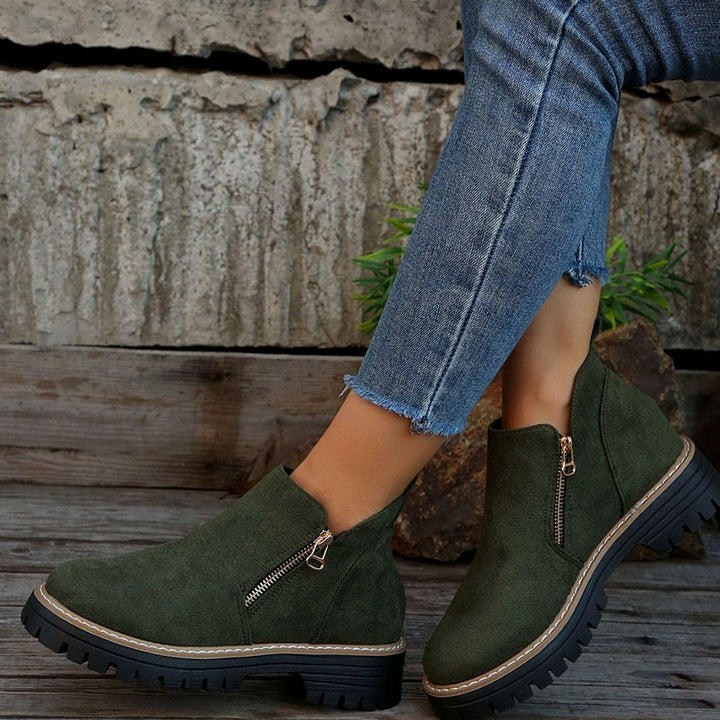 Women's Suede-Effect Platform Ankle Boots Side Zip Chunky Sole - Green