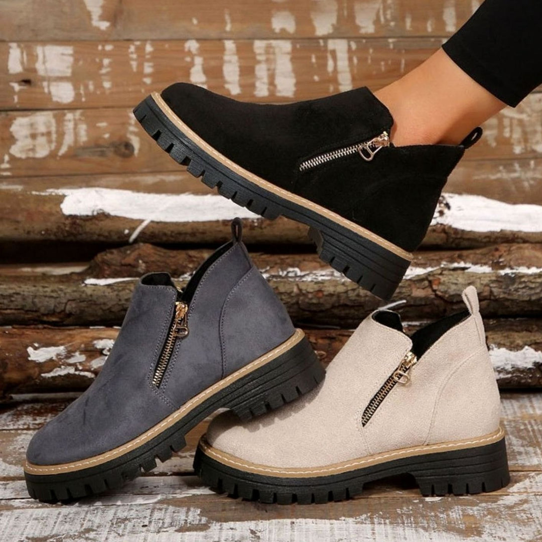 Women's Suede-Effect Platform Ankle Boots Side Zip Chunky Sole