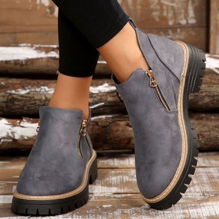 Women's Suede-Effect Platform Ankle Boots Side Zip Chunky Sole - Grey