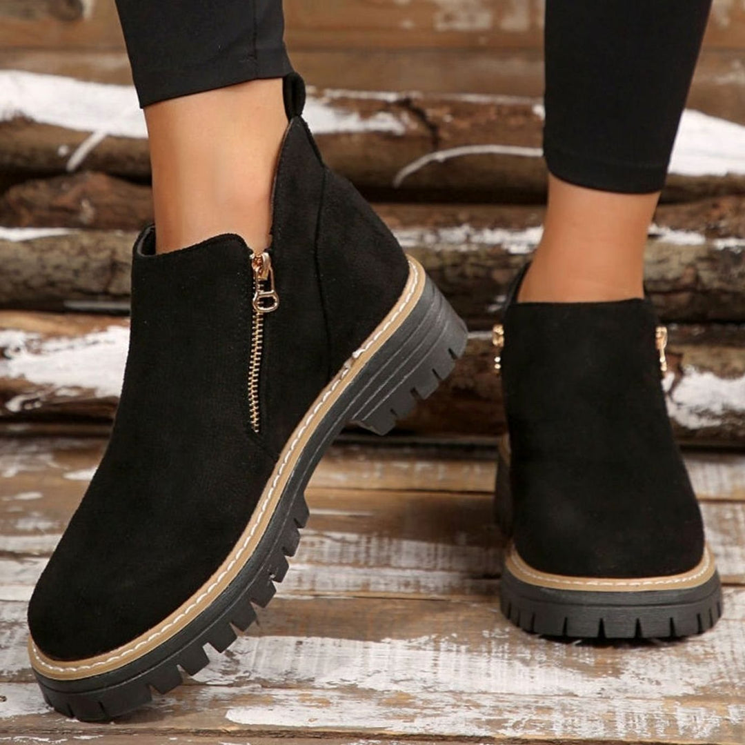 Women's Suede-Effect Platform Ankle Boots Side Zip Chunky Sole - Black
