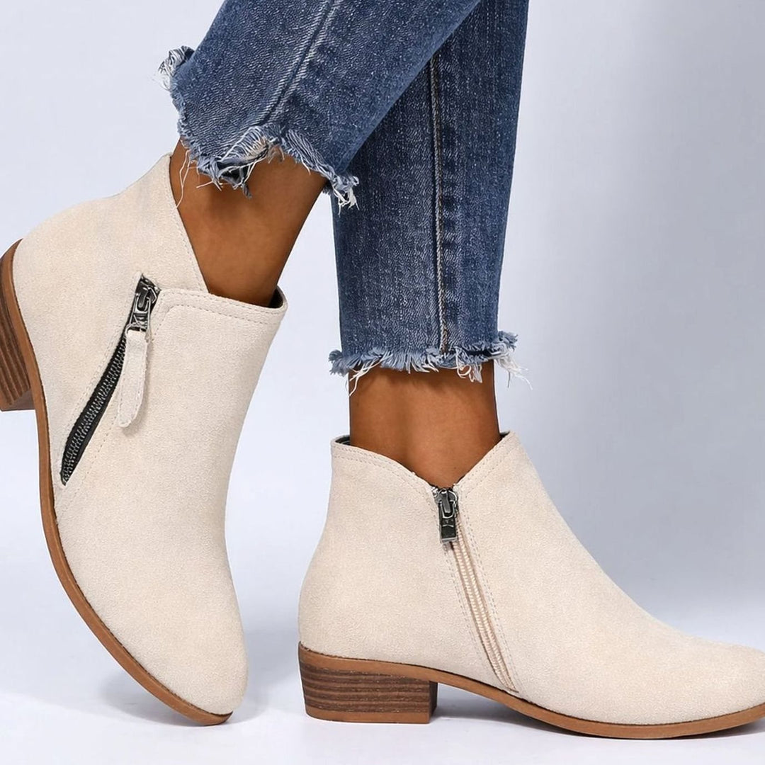 Women's Suede-Effect Side-Zip Block-Heel Ankle Boots - Beige