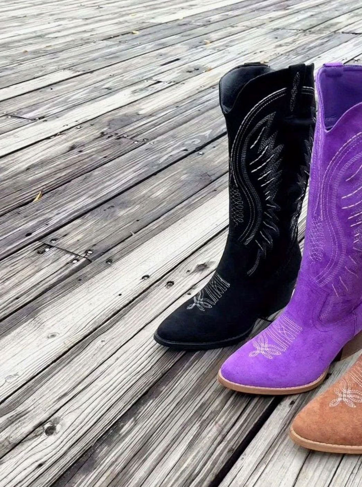 Women's Suede Embroidered Block-Heel Knee-High Western Boots