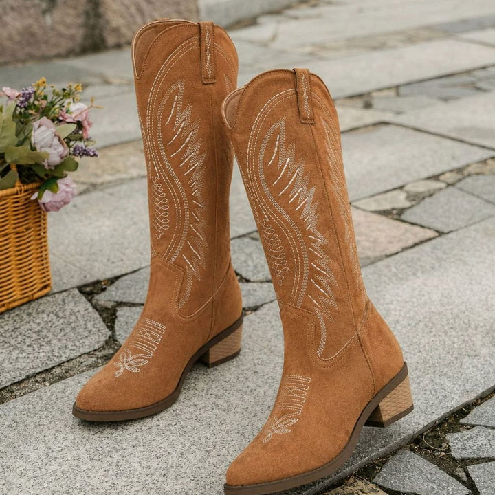Women's Suede Embroidered Block-Heel Knee-High Western Boots