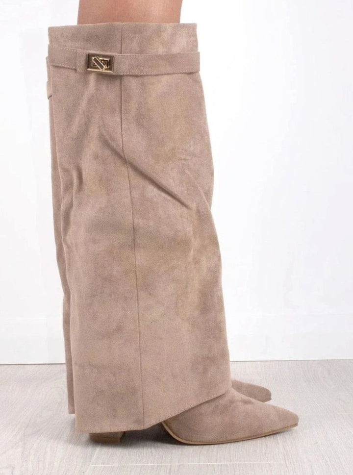 Women's Suede Fold-Over Knee-High Boots Gold Clasp - Beige