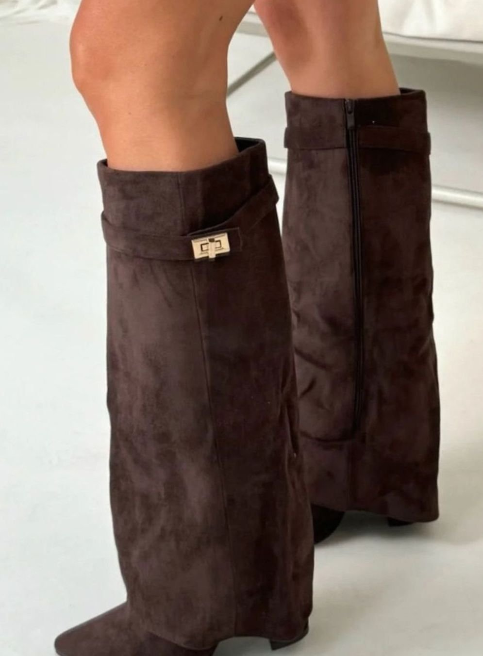 Women's Suede Fold-Over Knee-High Boots Gold Clasp - Dark Brown