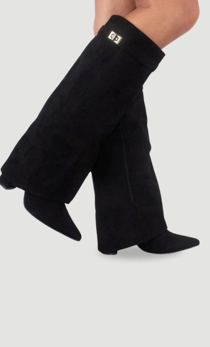 Women's Suede Fold-Over Knee-High Boots Gold Clasp