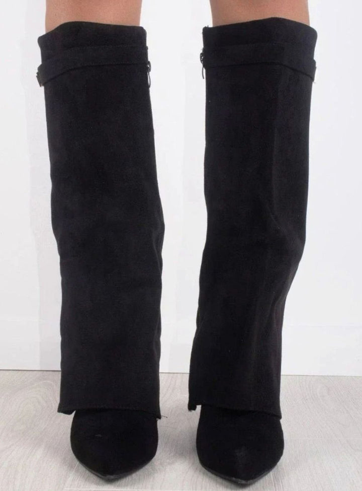 Women's Suede Fold-Over Knee-High Boots Gold Clasp