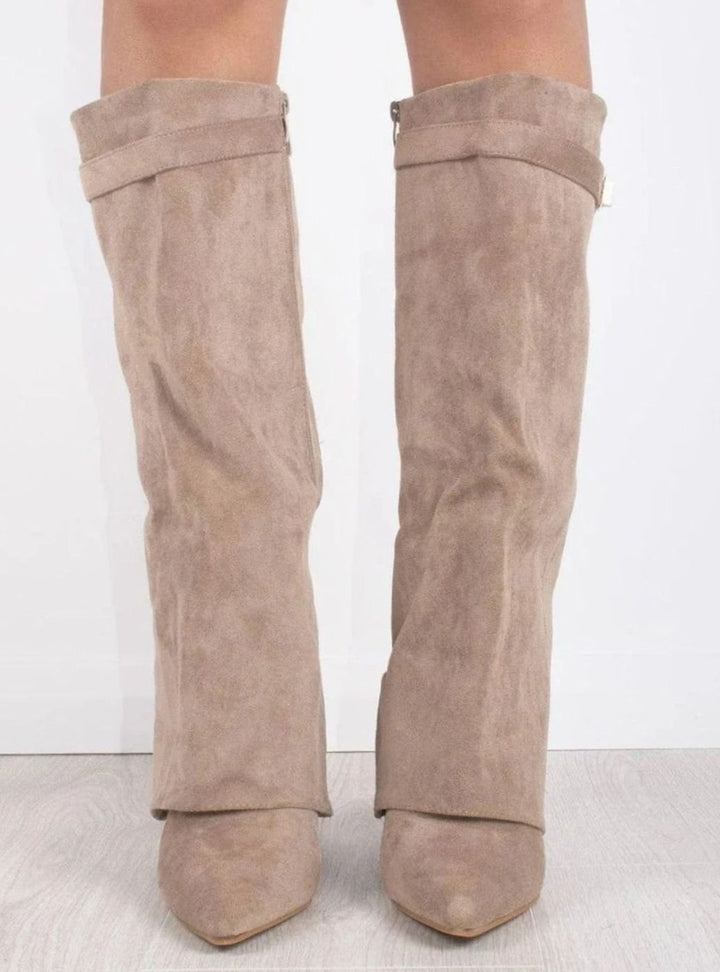 Women's Suede Fold-Over Knee-High Boots Gold Clasp