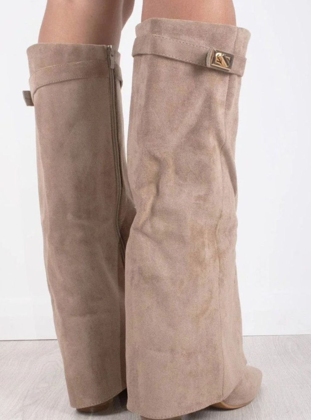Women's Suede Fold-Over Knee-High Boots Gold Clasp