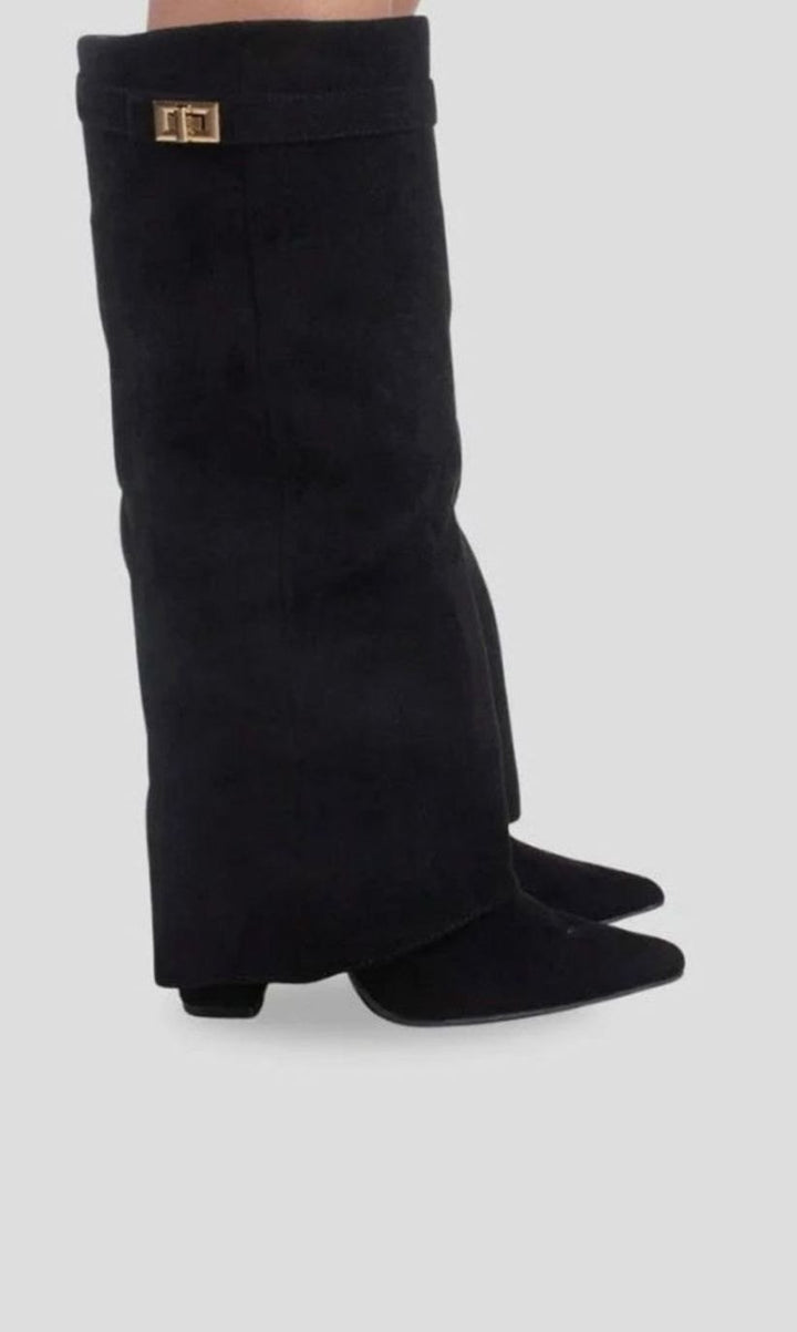 Women's Suede Fold-Over Knee-High Wedge Boots Gold-Lock Cuff