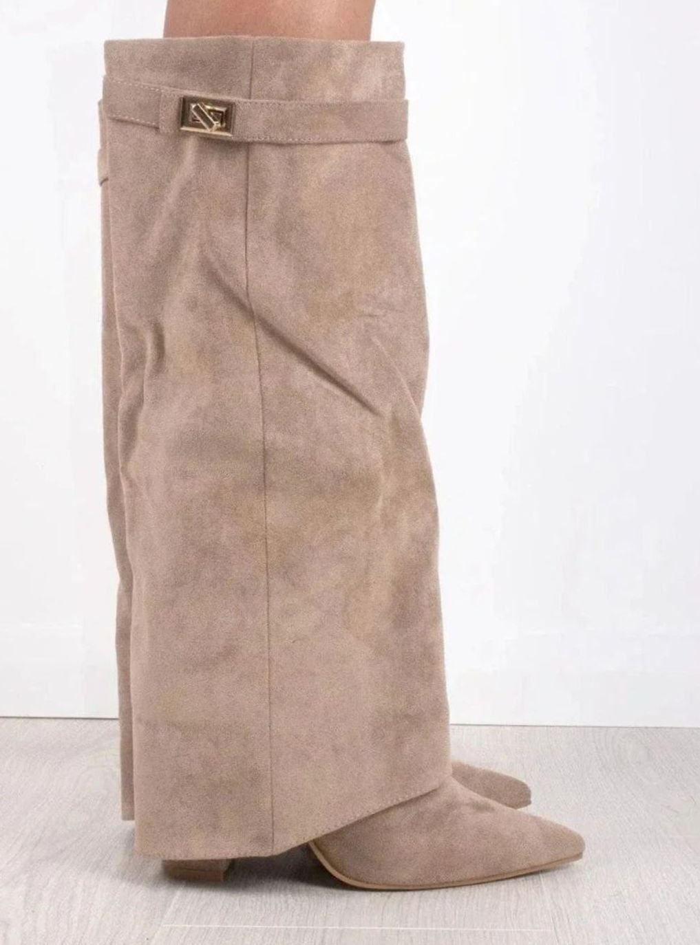 Women's Suede Fold-Over Knee-High Wedge Boots Gold-Lock Cuff
