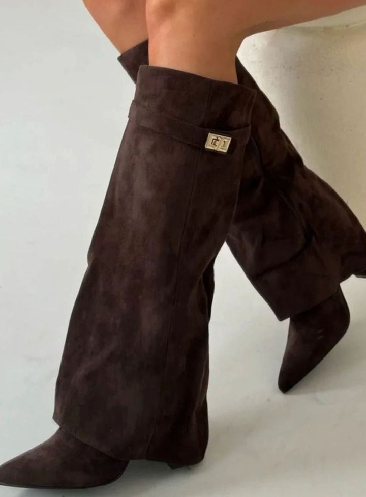 Women's Suede Fold-Over Knee-High Wedge Boots Gold-Lock Cuff