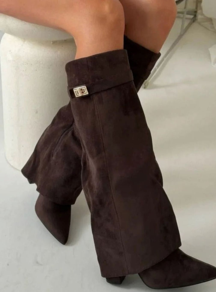 Women's Suede Fold-Over Knee-High Wedge Boots Gold-Lock Cuff