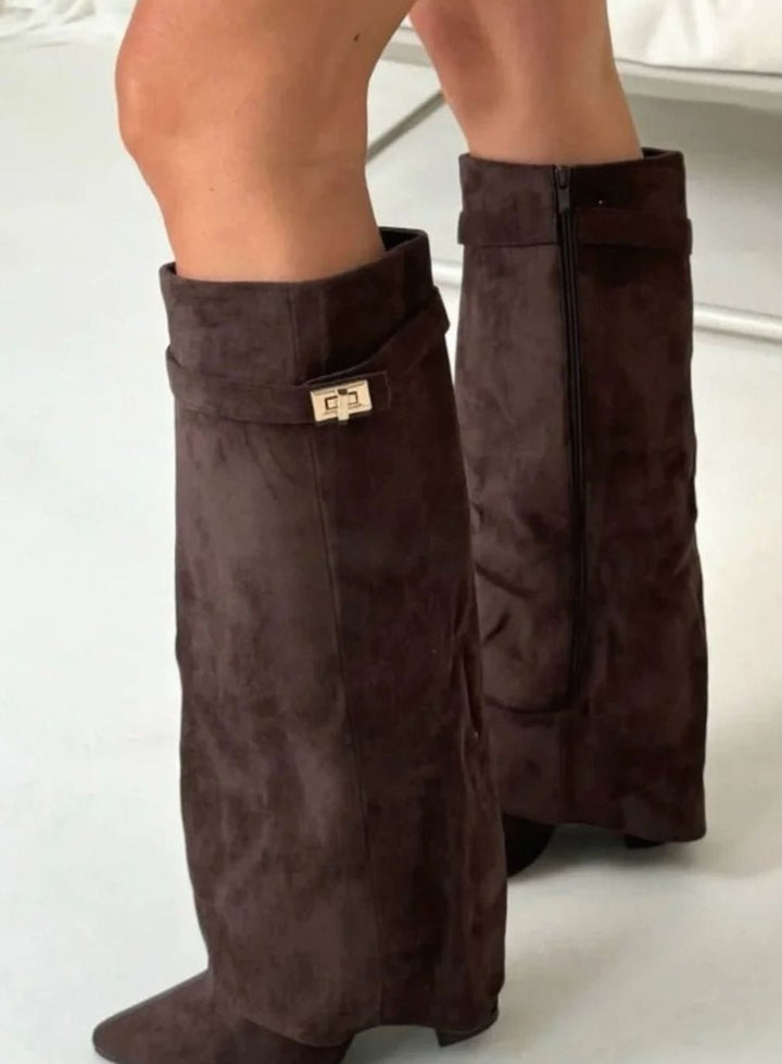 Women's Suede Fold-Over Knee-High Wedge Boots Gold-Lock Cuff