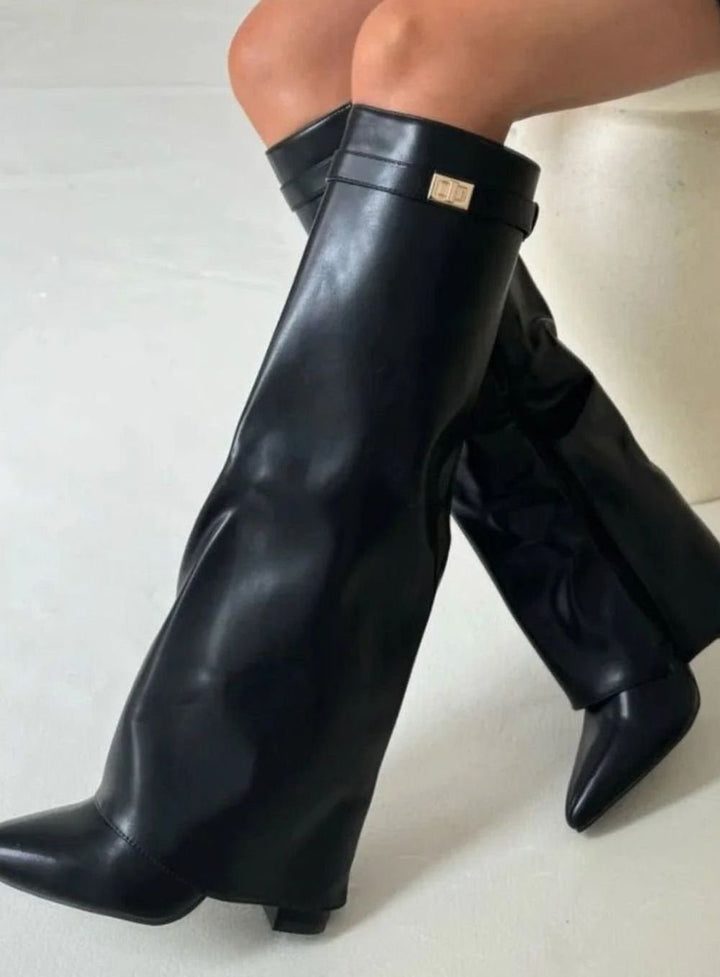 Women's Suede Fold-Over Knee-High Wedge Boots Gold-Lock Cuff