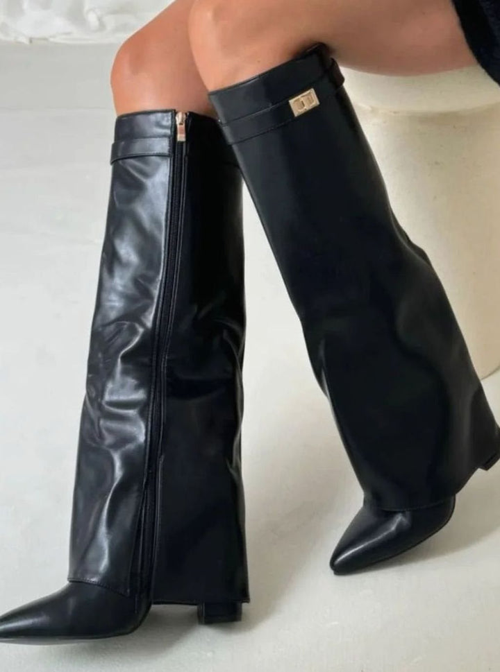 Women's Suede Fold-Over Knee-High Wedge Boots Gold-Lock Cuff