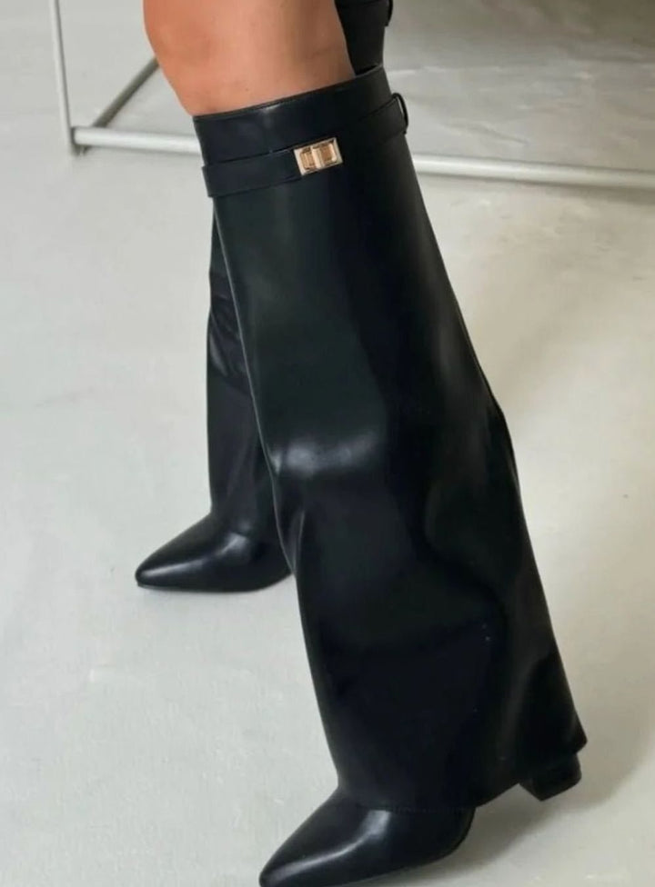 Women's Suede Fold-Over Knee-High Wedge Boots Gold-Lock Cuff