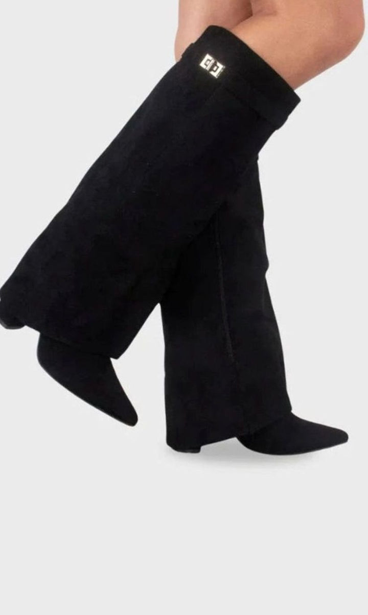 Women's Suede Fold-Over Knee-High Wedge Boots Gold-Lock Cuff
