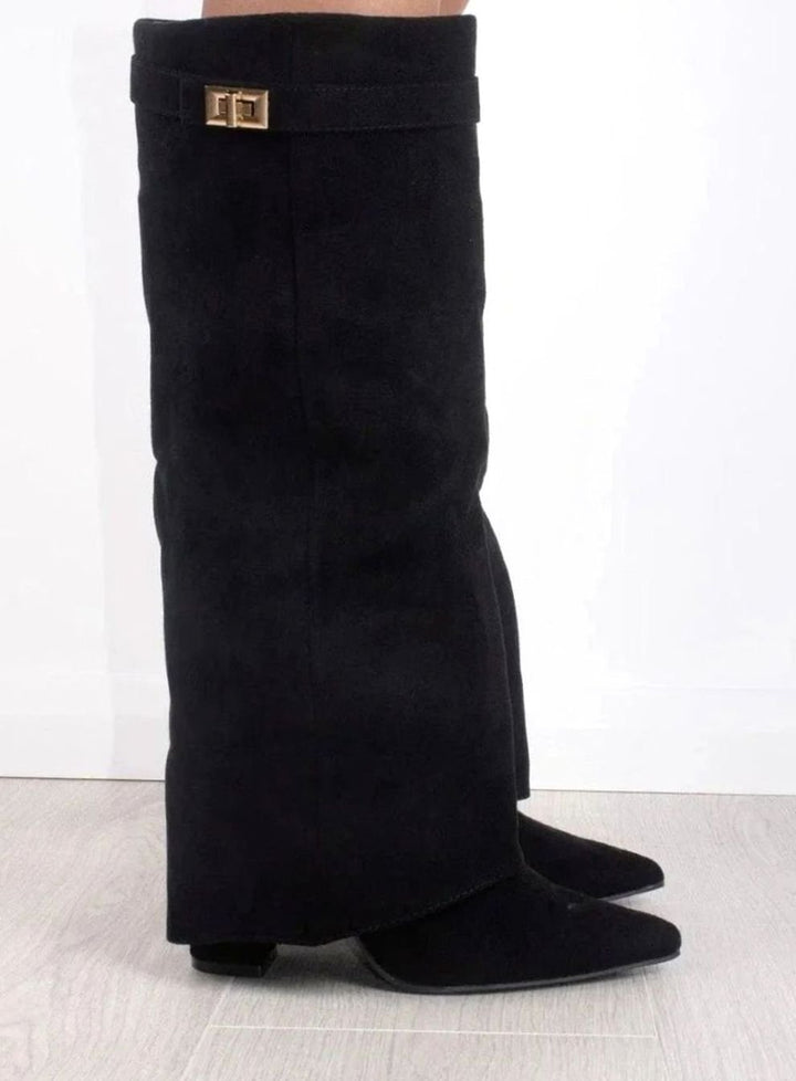 Women's Suede Fold-Over Knee-High Wedge Boots Gold-Lock Cuff