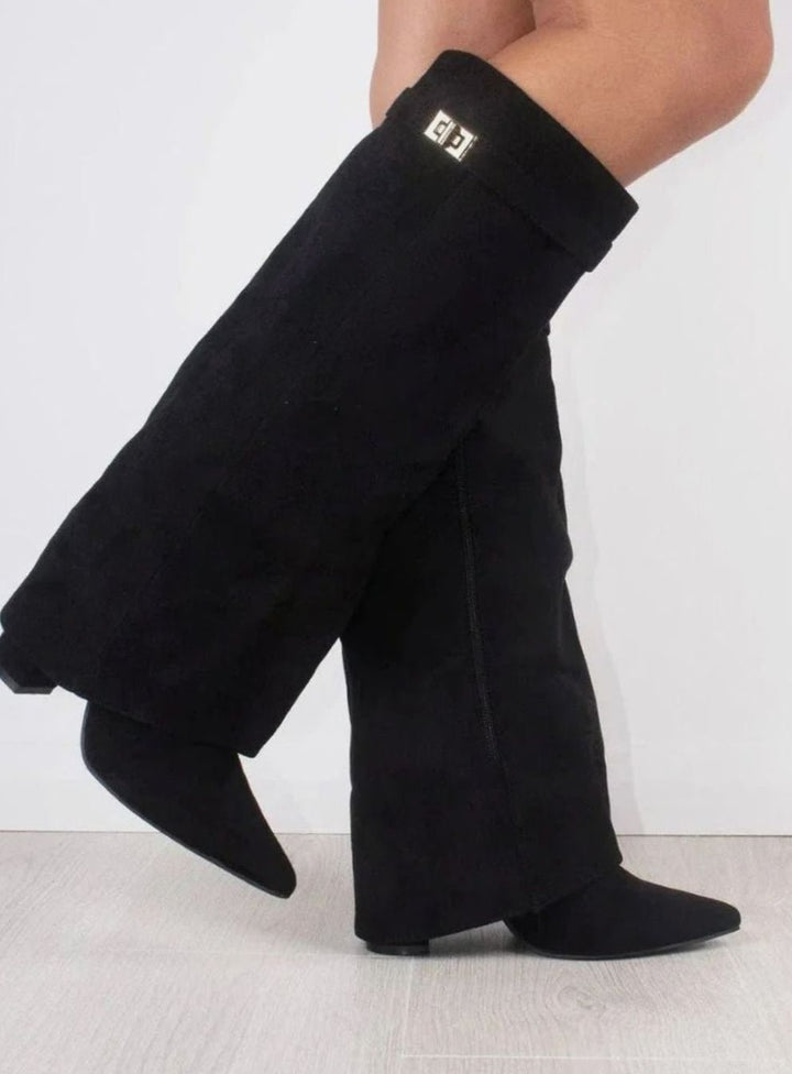Women's Suede Fold-Over Knee-High Wedge Boots Gold-Lock Cuff