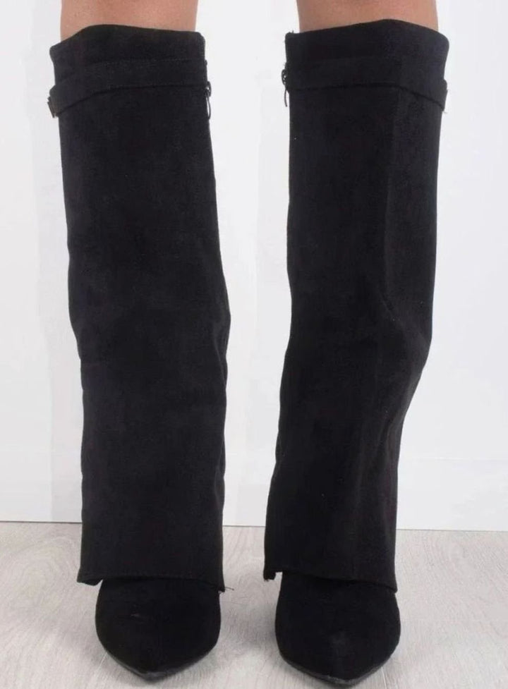 Women's Suede Fold-Over Knee-High Wedge Boots Gold-Lock Cuff