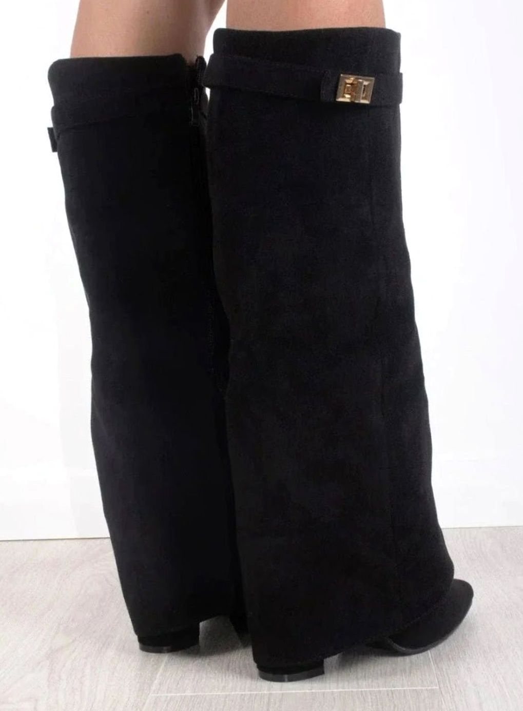 Women's Suede Fold-Over Knee-High Wedge Boots Gold-Lock Cuff