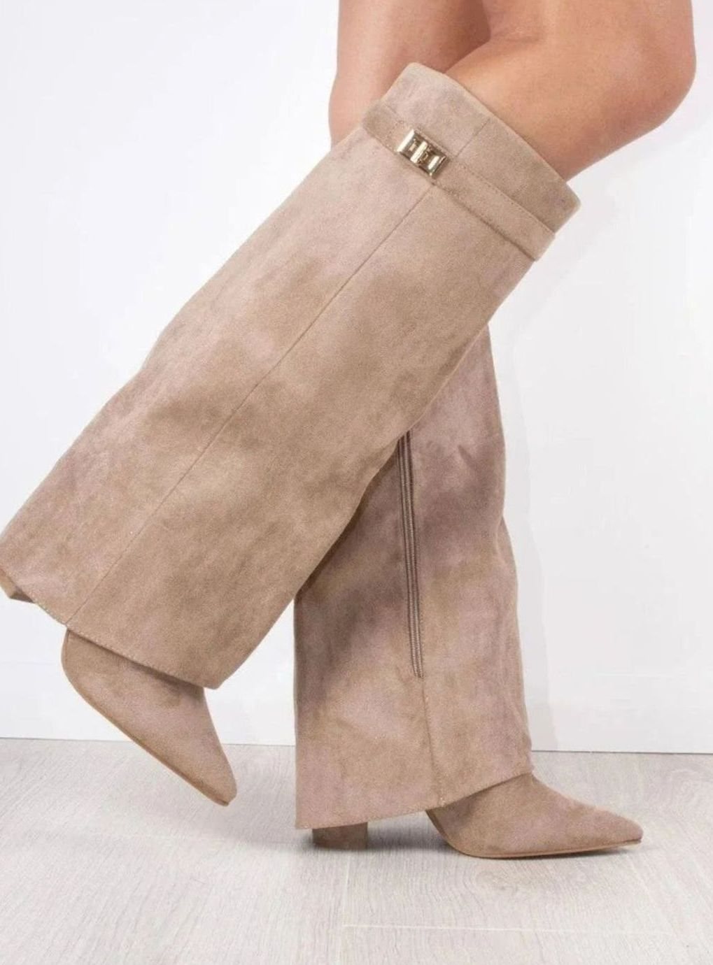 Women's Suede Fold-Over Knee-High Wedge Boots Gold-Lock Cuff