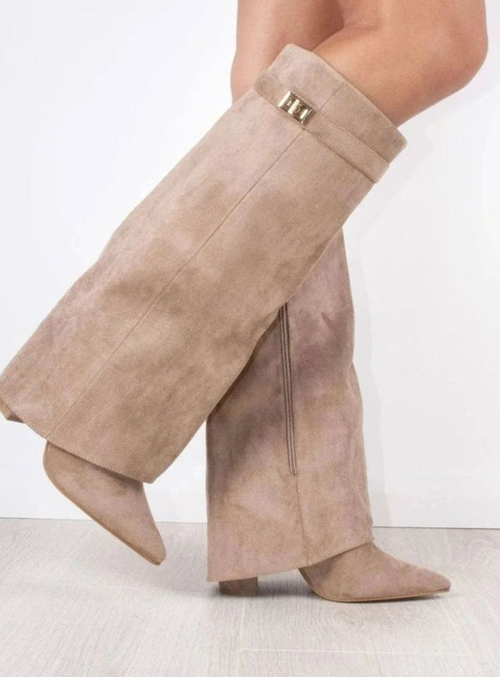 Women's Suede Fold-Over Knee-High Wedge Boots Gold-Lock Cuff