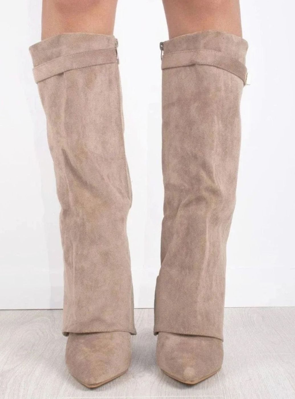 Women's Suede Fold-Over Knee-High Wedge Boots Gold-Lock Cuff