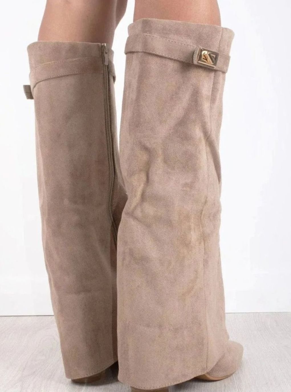 Women's Suede Fold-Over Knee-High Wedge Boots Gold-Lock Cuff