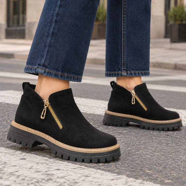 Women's Suede Gold-Zip Chunky Lugged-Sole Ankle Boots - Black