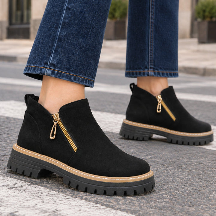 Women's Suede Gold-Zip Chunky Lugged-Sole Ankle Boots
