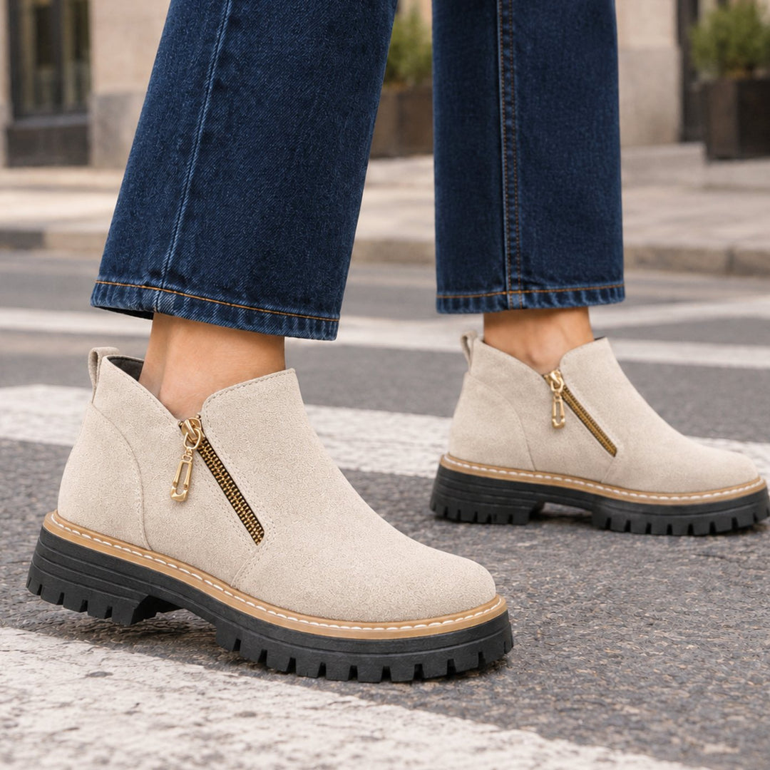 Women's Suede Gold-Zip Chunky Lugged-Sole Ankle Boots - Off White