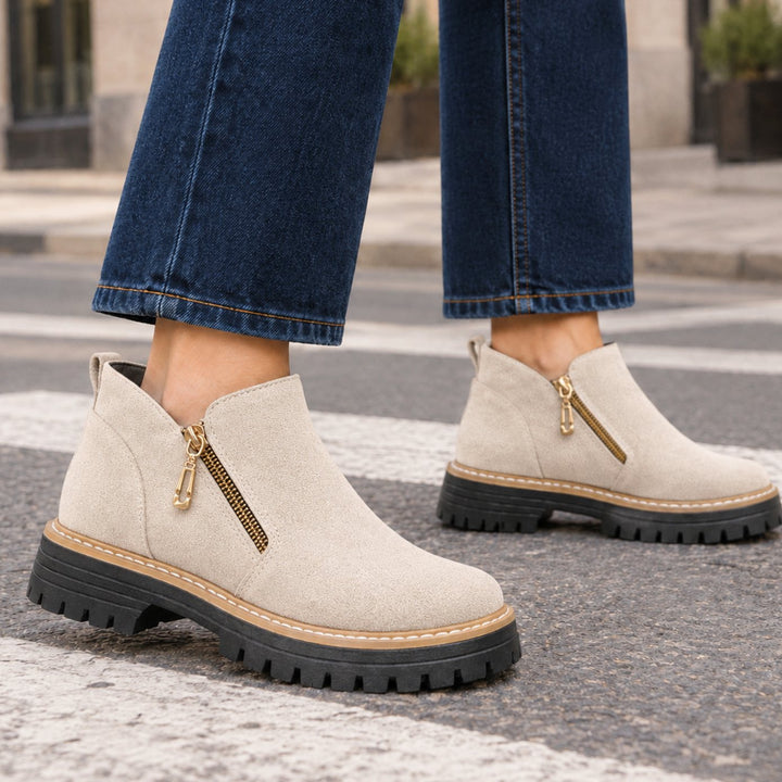 Women's Suede Gold-Zip Chunky Lugged-Sole Ankle Boots - Off White