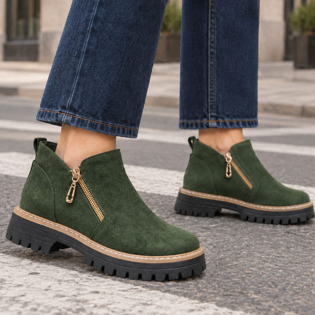 Women's Suede Gold-Zip Chunky Lugged-Sole Ankle Boots - Green