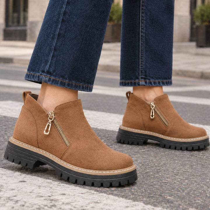Women's Suede Gold-Zip Chunky Lugged-Sole Ankle Boots - Light Brown