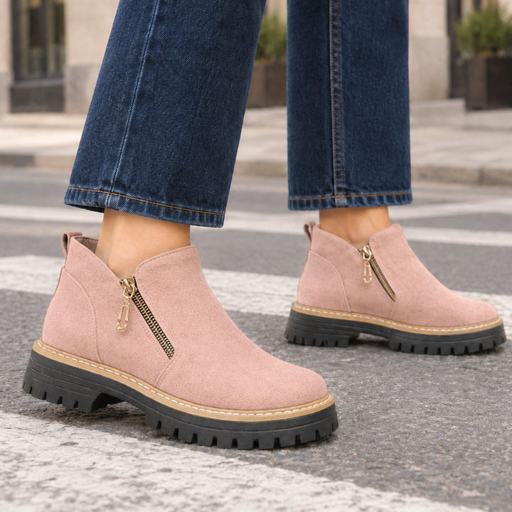 Women's Suede Gold-Zip Chunky Lugged-Sole Ankle Boots - Pink