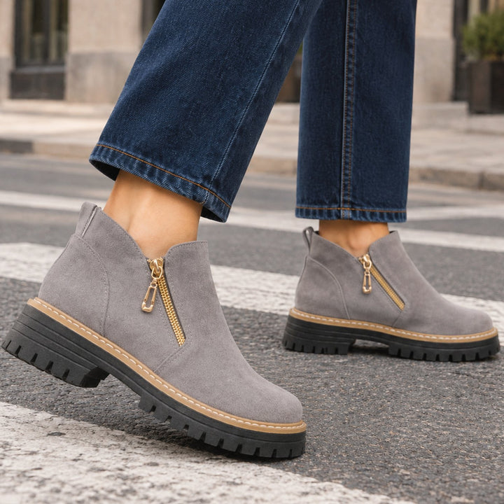 Women's Suede Gold-Zip Chunky Lugged-Sole Ankle Boots - Grey