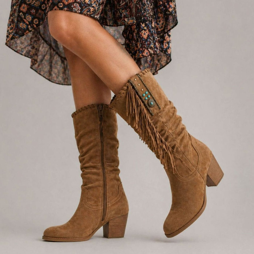 Women's Suede Knee-High Block-Heel Fringe Western Boots