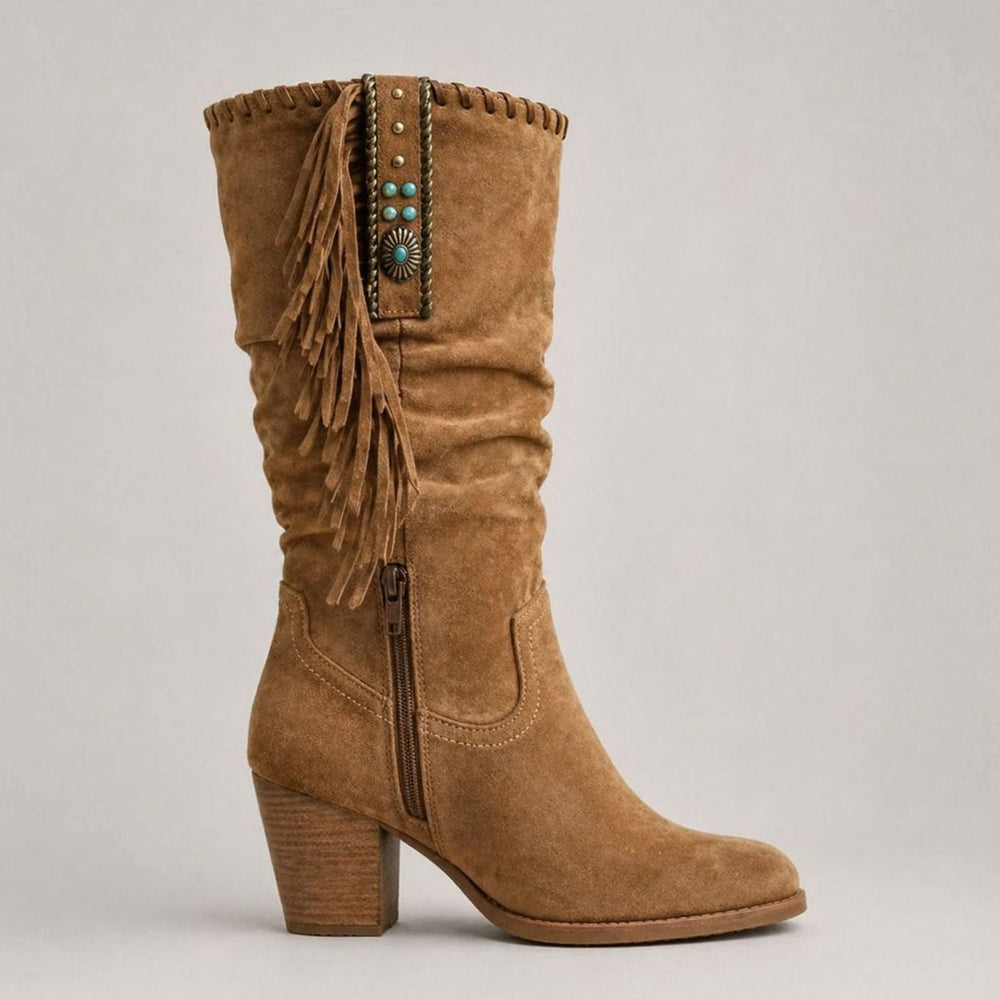 Women's Suede Knee-High Block-Heel Fringe Western Boots