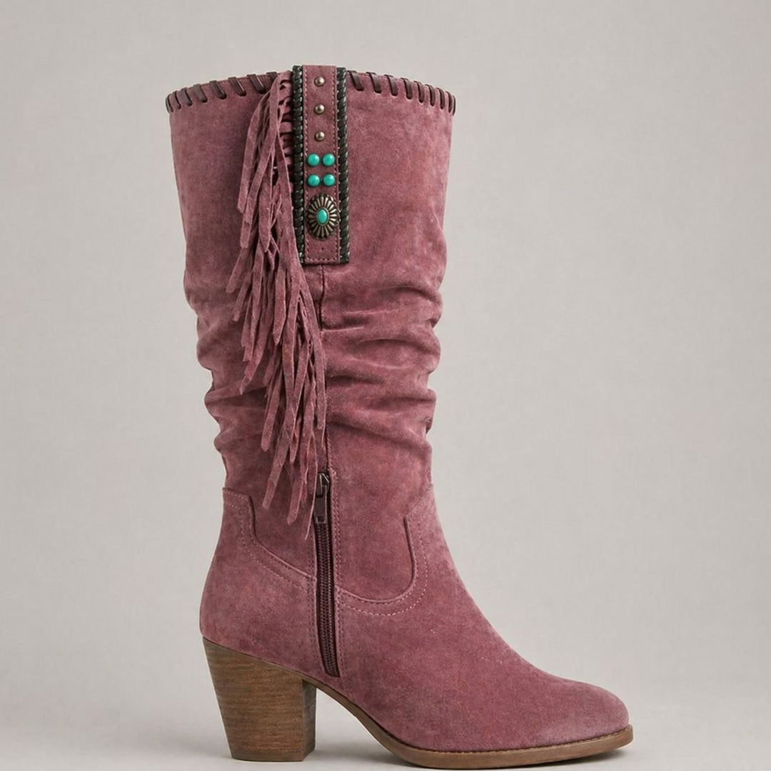 Women's Suede Knee-High Block-Heel Fringe Western Boots