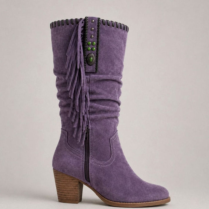 Women's Suede Knee-High Block-Heel Fringe Western Boots