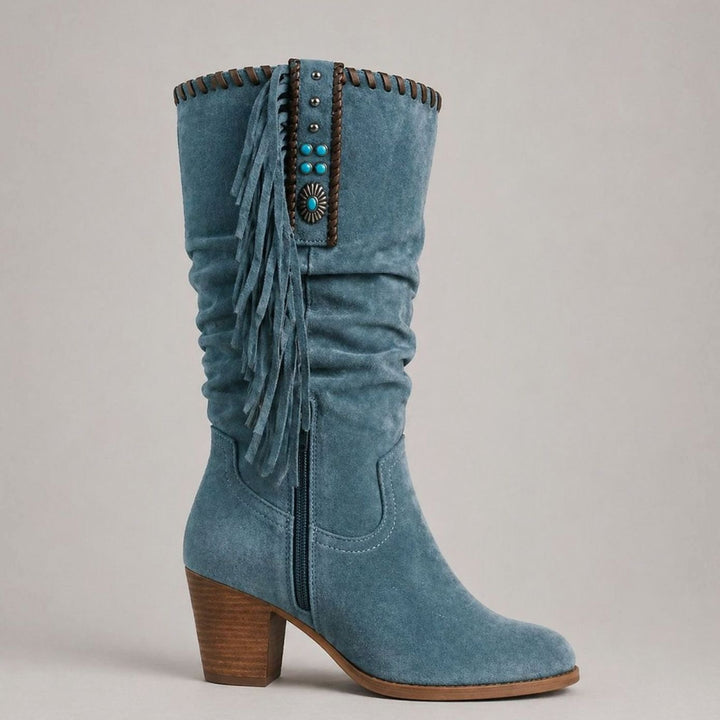 Women's Suede Knee-High Block-Heel Fringe Western Boots