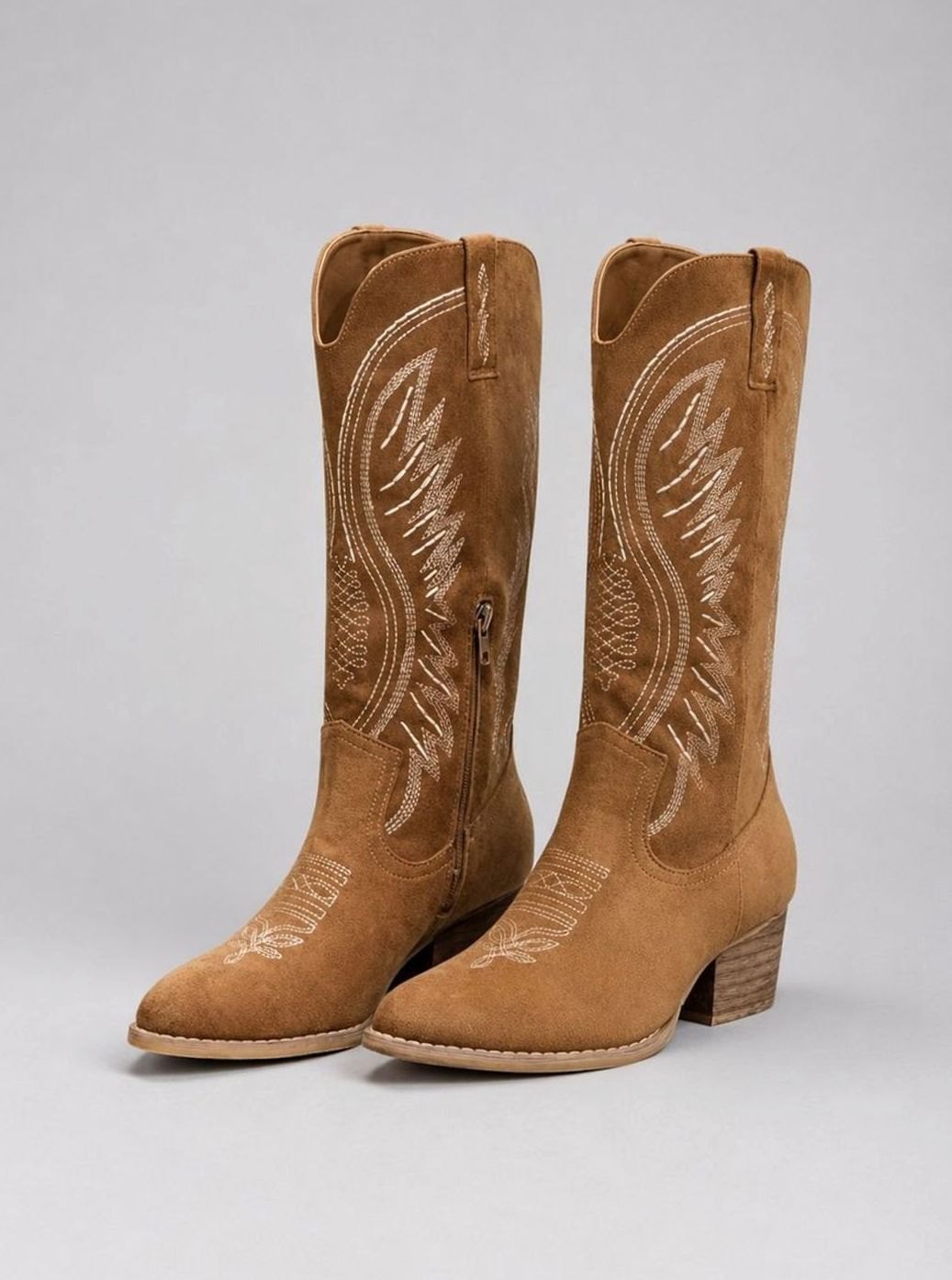 Women's Suede Knee-High Embroidered Cowboy Block Heel Boots