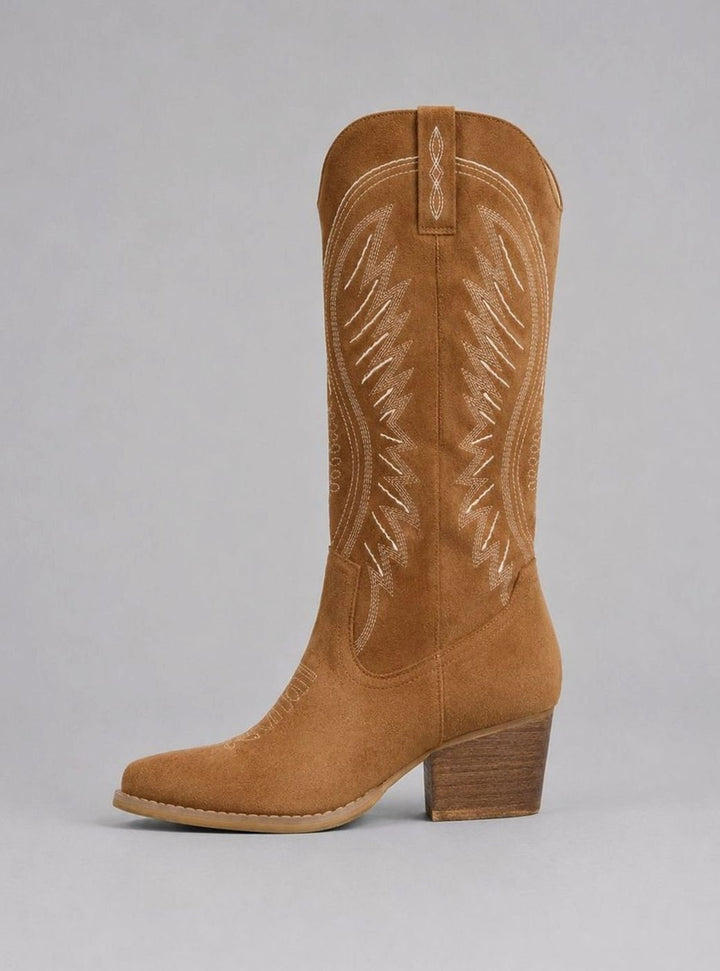 Women's Suede Knee-High Embroidered Cowboy Block Heel Boots