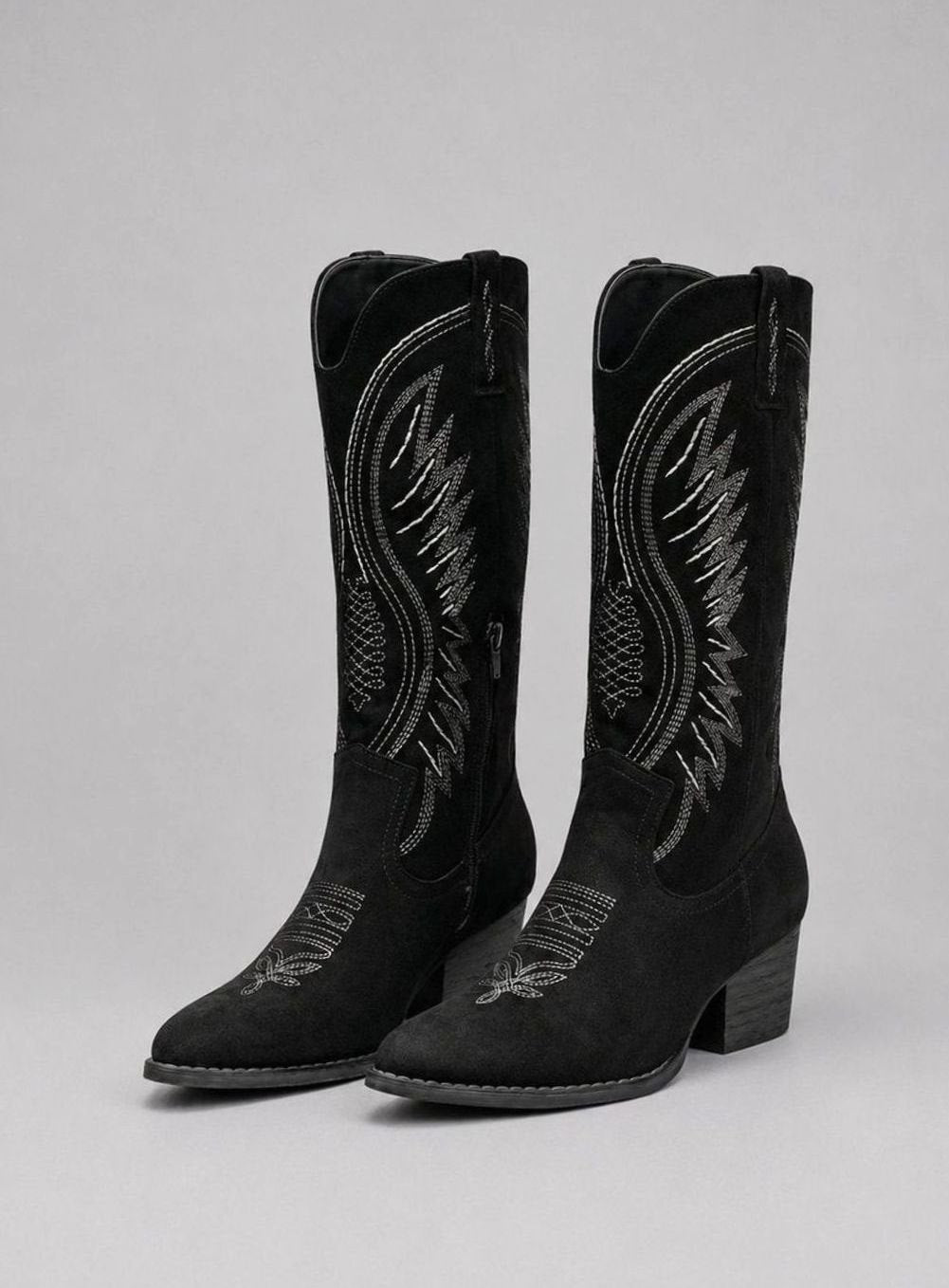 Women's Suede Knee-High Embroidered Cowboy Block Heel Boots