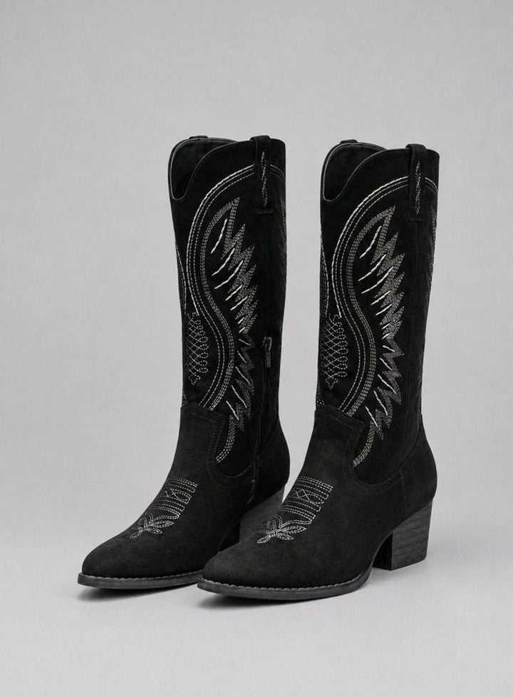 Women's Suede Knee-High Embroidered Cowboy Block Heel Boots