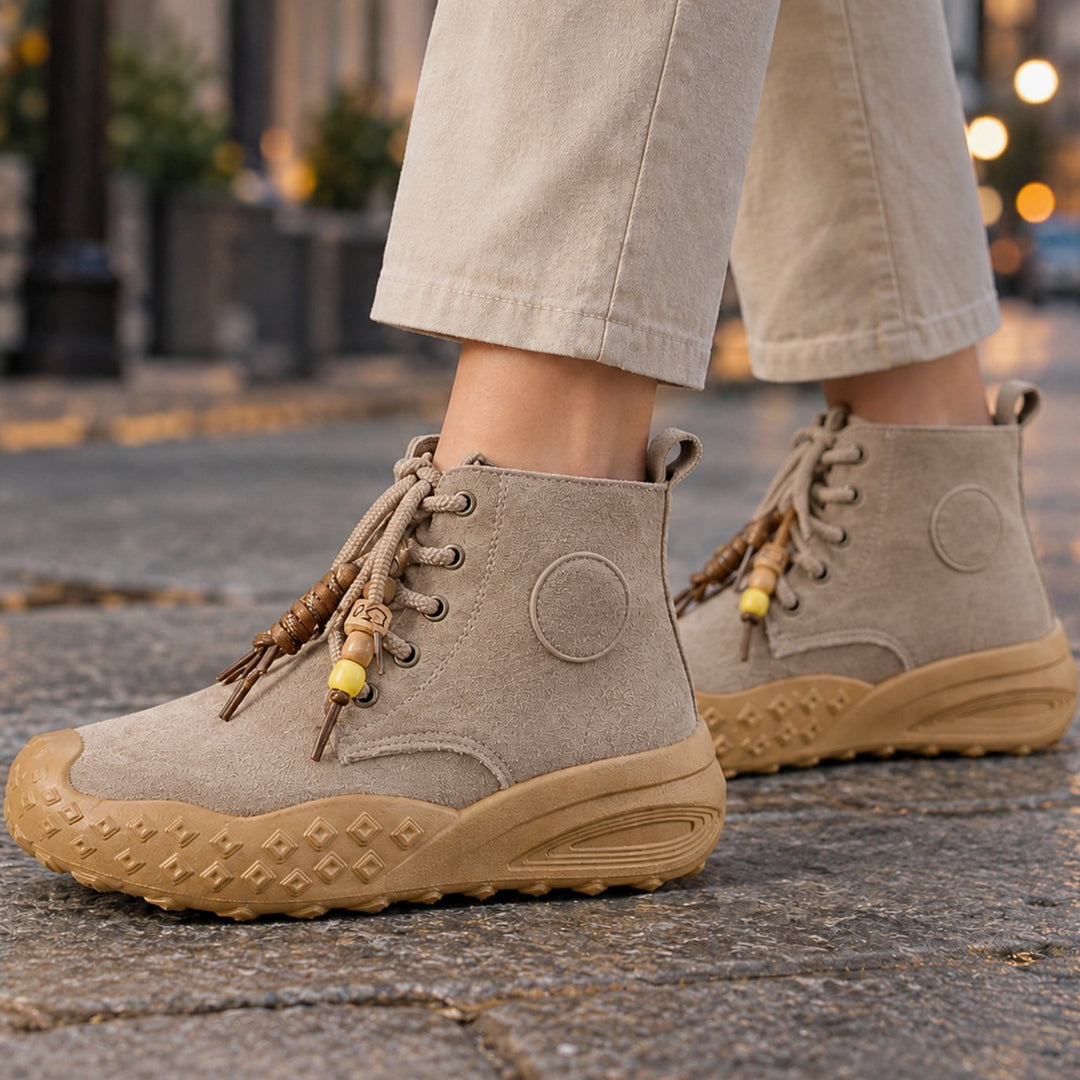 Women's Suede Lace-Up Ankle Platform Boots - Beige