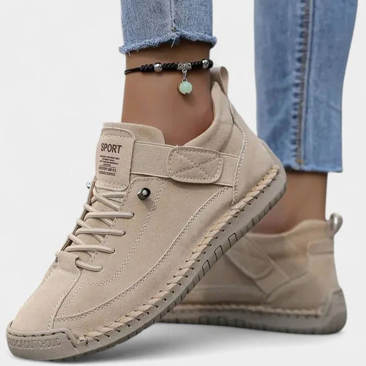 Women's Suede Lace-Up Comfort Flat Trainers - Beige