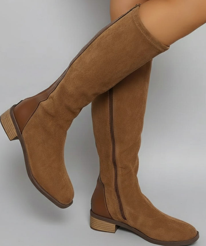 Women's Suede-Look Knee-High Block Heel Boots - Light Brown